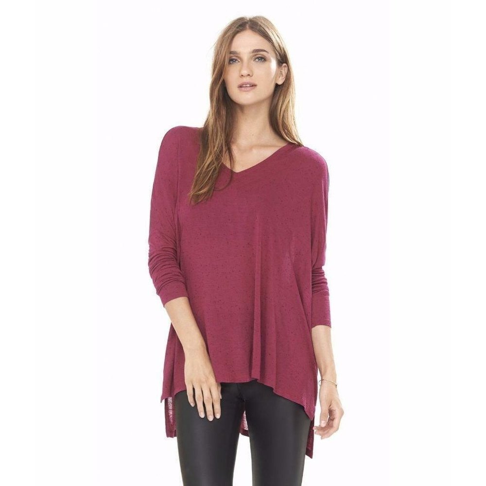 Express XS One Eleven Neb Knit V-Neck Berry Pink Speckled Black Tee T-Shirt top
